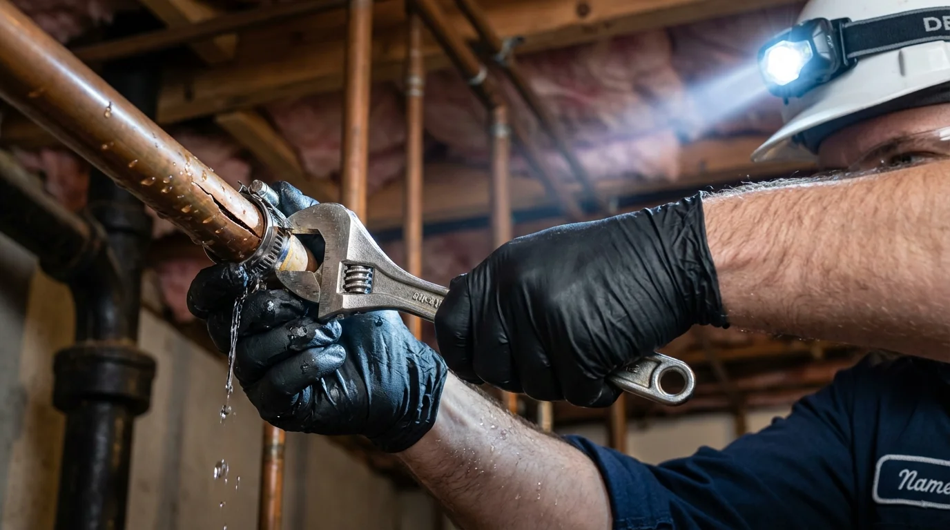 Emergency pipe clamp repair being performed by a Johns Plumbing LLC plumber in Ocean Park