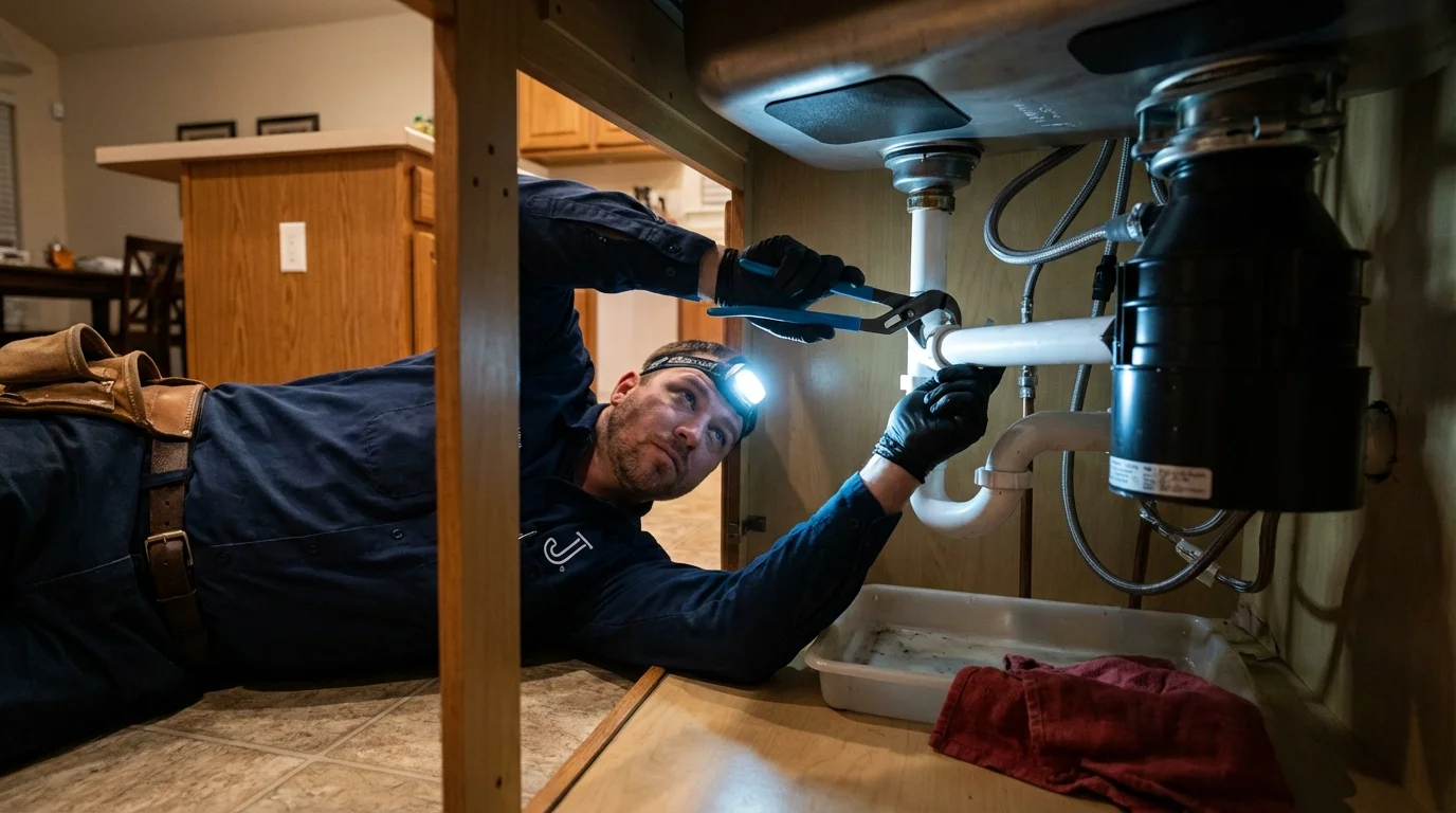 P-trap and supply line connections under a kitchen sink showing a common leak point in Ocean Park, WA